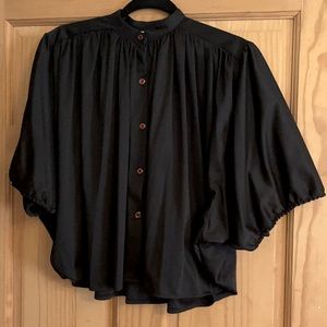 Sixties Vintage Batwing Blouse Black Button Front Banded Collar Swing Top Sz M